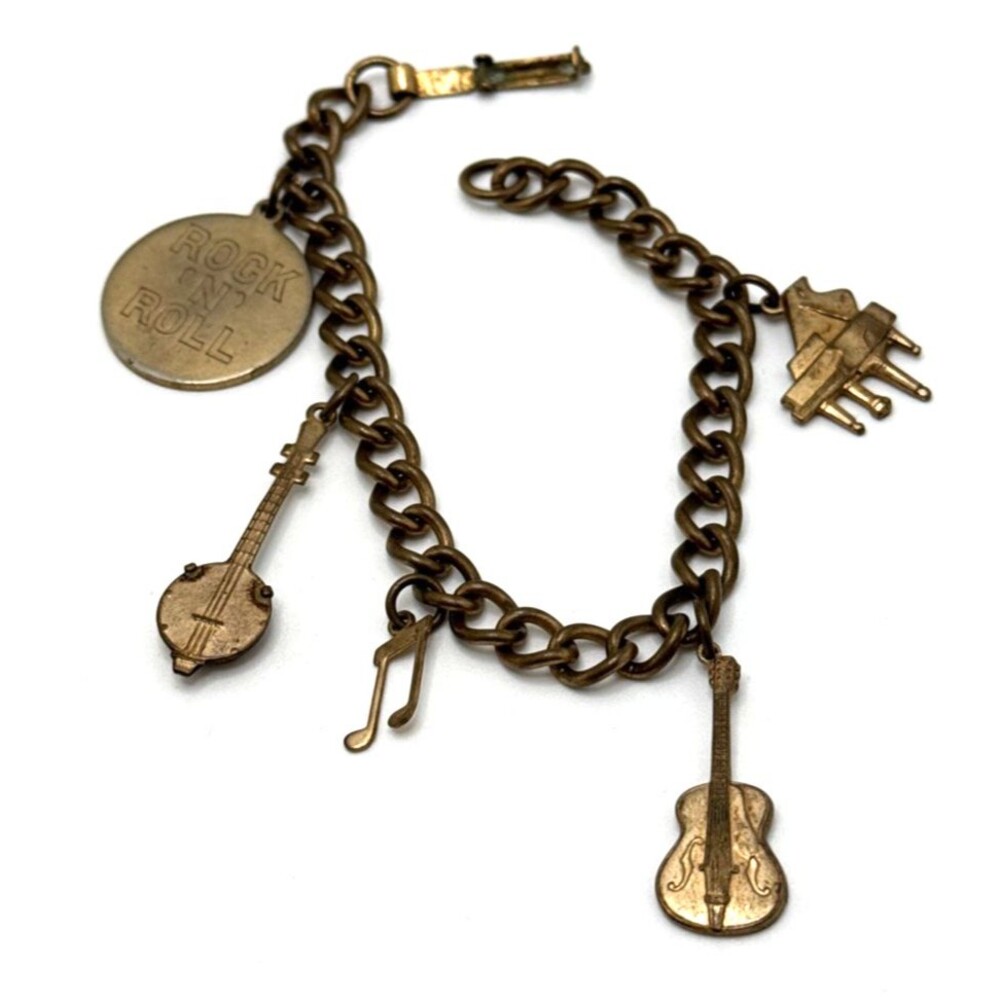 Vintage Music Themed Charm Bracelet Bronze Tone Piano Banjo Guitar Rock "N" Roll